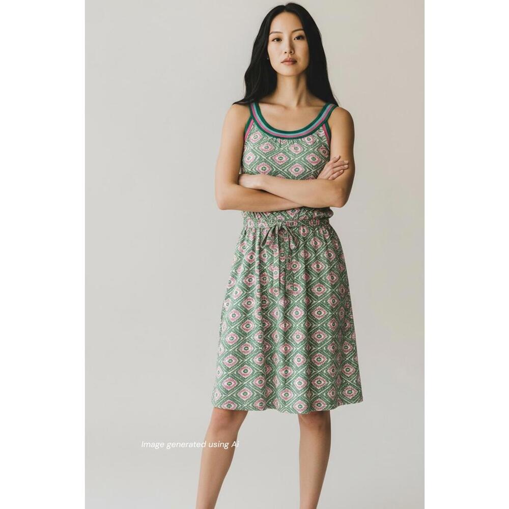 Boden Sleeveless Dress with Green and Pink Geometric Print Belted Size 4R ($120)